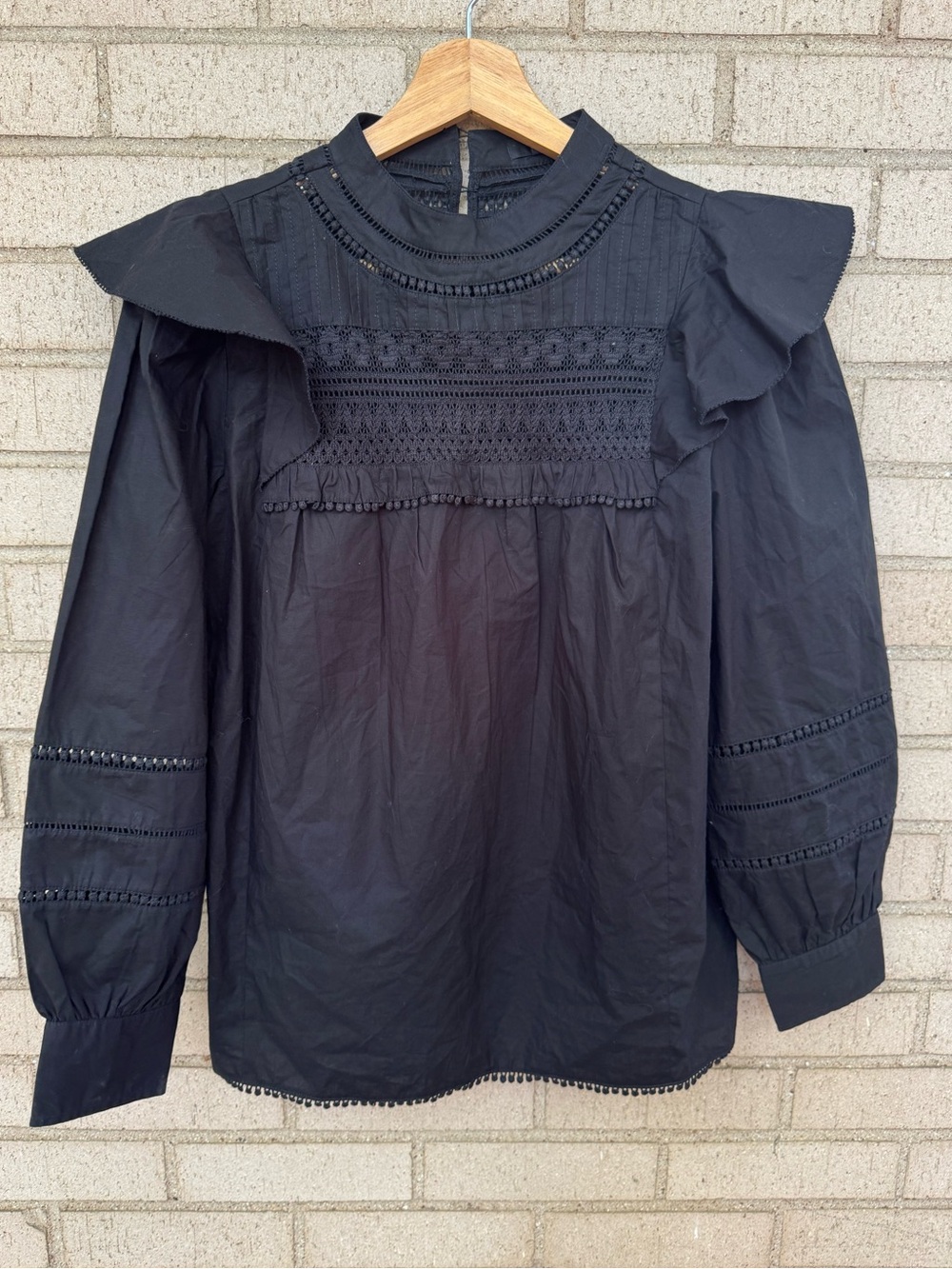 J Crew Cotton Black Ruffle Yoke Longsleeve Eyelet Blouse Victorian XS